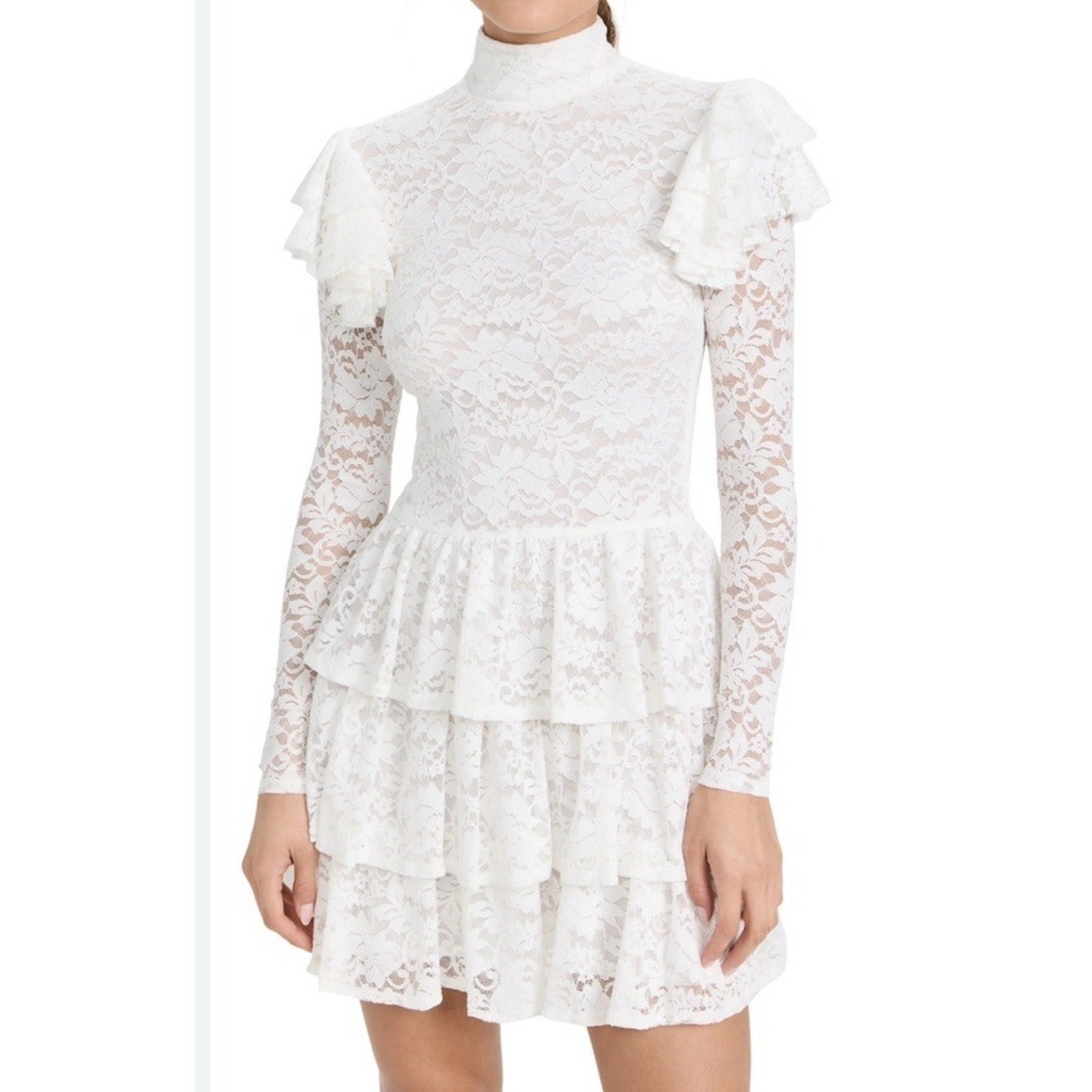 NWT Caroline Constas Mock Neck White Lace Mini Dress Small 32" Long; 15" PTP